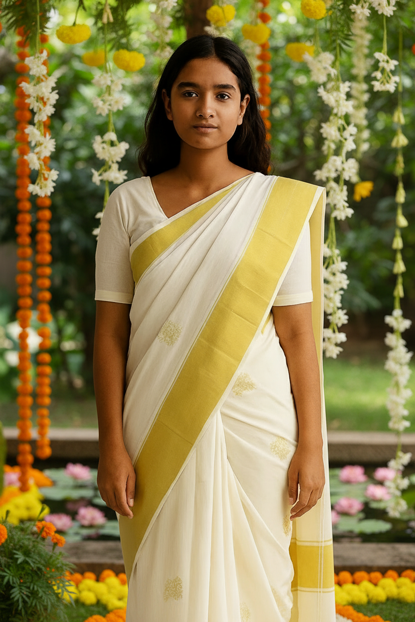 Woman wearing a white saree with a yellow border against a beige background